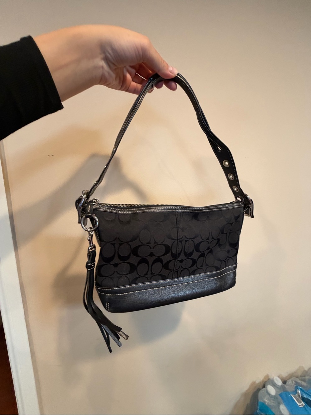 Coach Black Signature Jacquard Shoulder Bag with Tassel